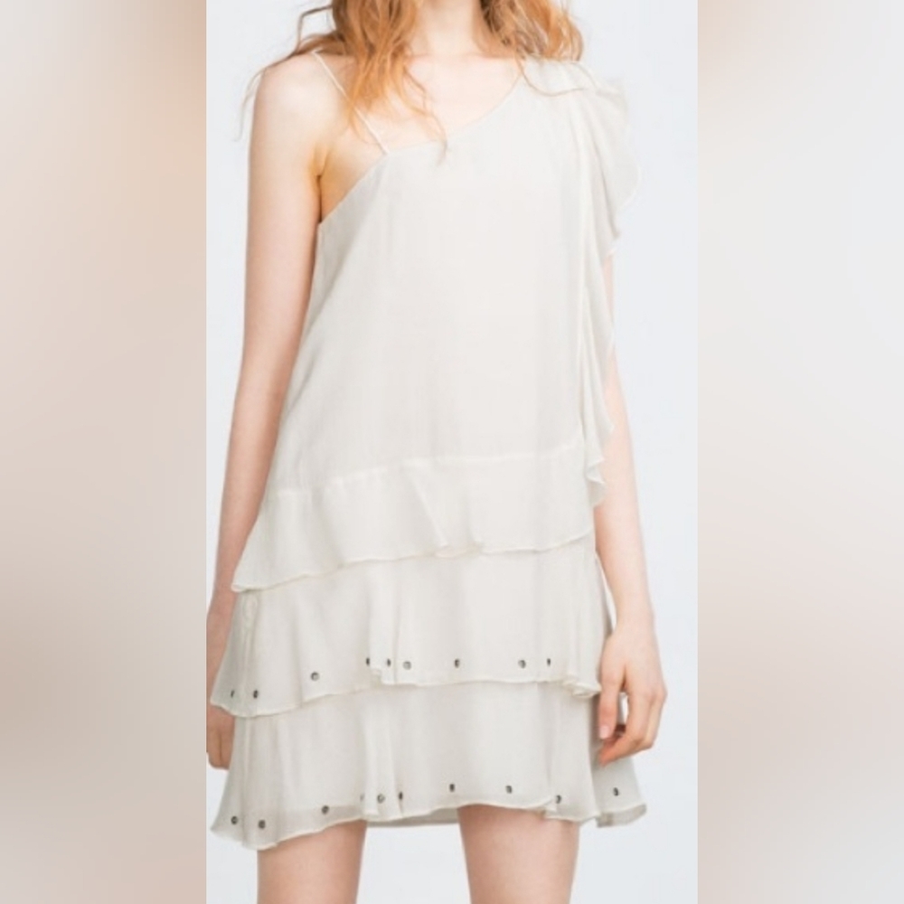 Zara White Tiered Asymmetrical Mini Dress S